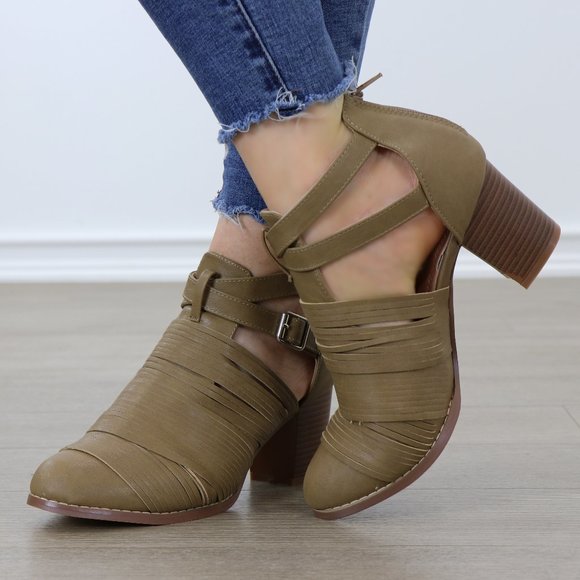Taupe Faux Leather Strap Ankle Booties - Picture 2 of 7